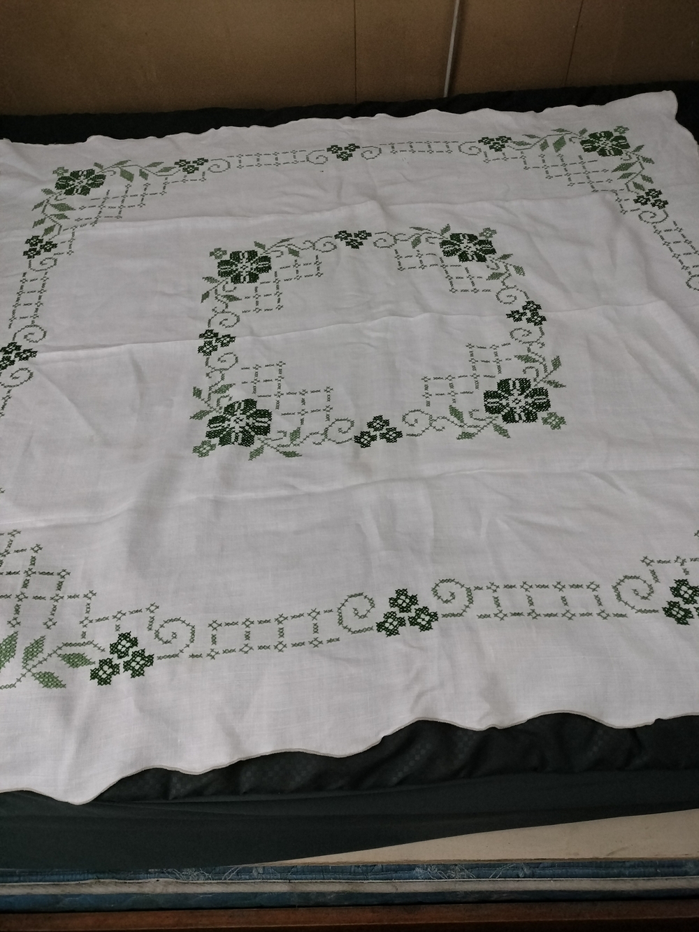 Embroidered White Tablecloth with Green Floral Cross-Stitch
